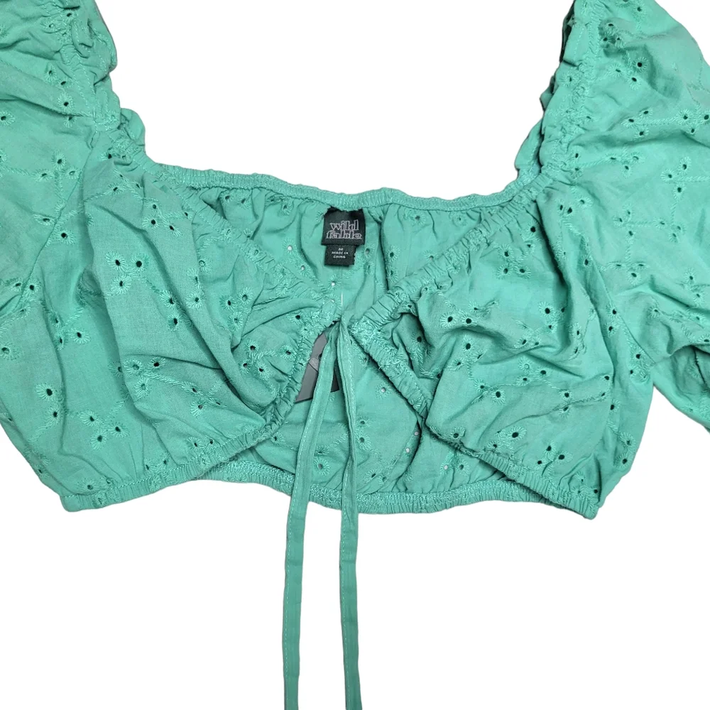 NEW Wild Fable Medium Crop Top Long Sleeve Cotton Teal Green Eyelets